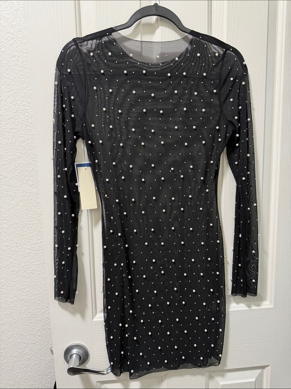 Black Pearl-Embellished Long Sleeve Dress